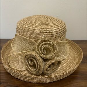 Betmar Tan Straw Hat with Rosette Accents